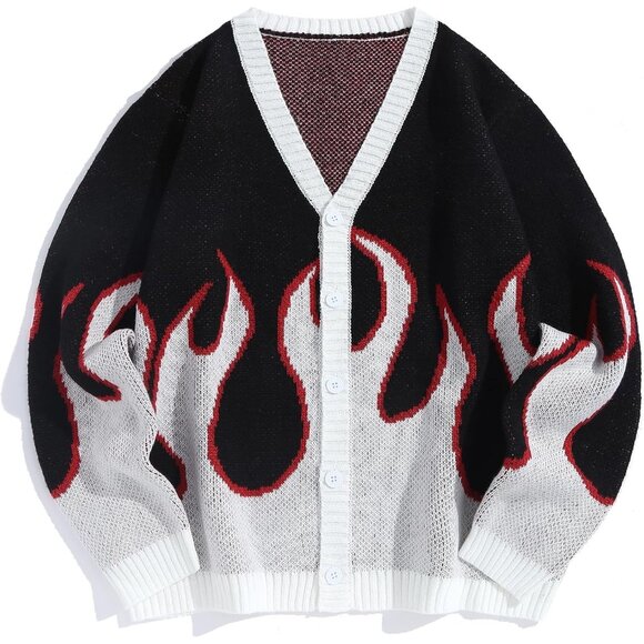✨Men White Flame Long Sleeve Knitted Sweater Jacket Vintage Cardigan Sweater - Picture 1 of 6